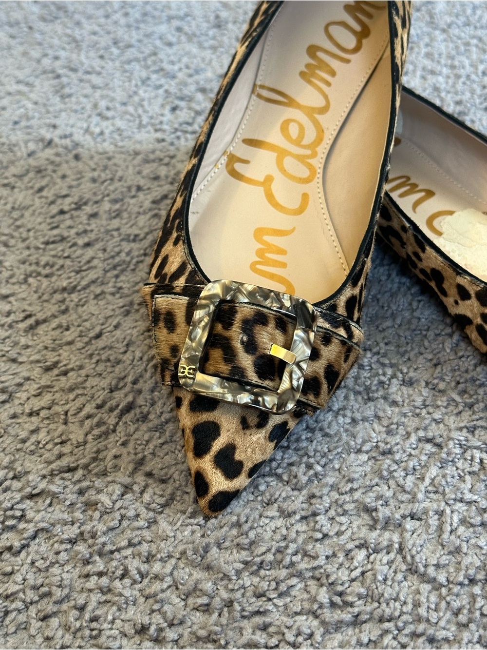 Sam Edelman Leopard Print Pointed Toe Buckle Flats - Tan/Black - Picture 2 of 10